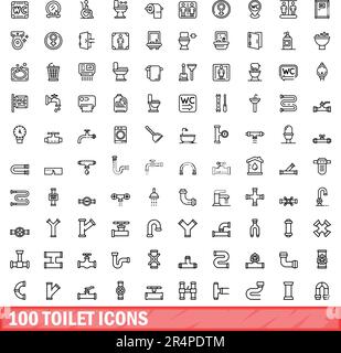 100 Toilettensymbole. Umrissdarstellung von 100 Toilettensymbolen, Vektorsatz isoliert auf weißem Hintergrund Stock Vektor