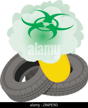Isometrischer Vektor des Symbols der biologischen Verschmutzung. Alte, abgenutzte Autoreifen und Schild für biologische Gefahrenstoffe. Biologische Gefährdung, Umweltverschmutzung Stock Vektor