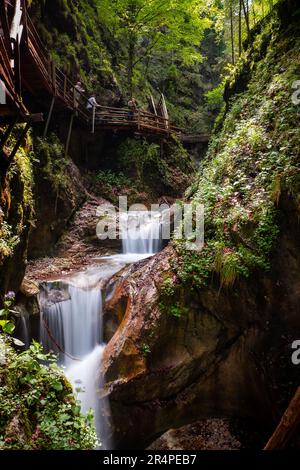 Blick auf Wanderer, die auf das Wildwasser in der malerischen Dr. Vogelgesang-Klamm-Schlucht in Spital am Pyhrn, Österreich, hinabblicken Stockfoto