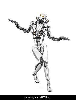 der droid-Soldat tanzt in Aktion und hält eine Pistole, 3D-Abbildung Stockfoto