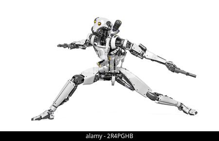 der droidensoldat ist in Aktion und hält eine Pistole, 3D-Abbildung Stockfoto