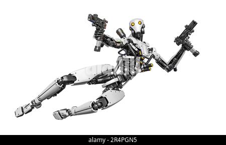 der droid-Soldat schießt in Aktion und hält eine Pistole, 3D-Abbildung Stockfoto