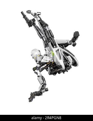 der droid-Soldat fällt und schießt in Aktion und hält eine Pistole, 3D-Abbildung Stockfoto