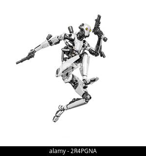 der droid-Soldat springt in Aktion und hält eine Pistole, 3D-Abbildung Stockfoto