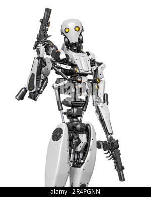 der droid Soldat ist bereit für etwas Action und hält eine Pistole, 3D-Abbildung Stockfoto