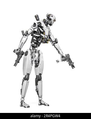der droid-Soldat schießt in Aktion und hält eine Pistole, 3D-Abbildung Stockfoto