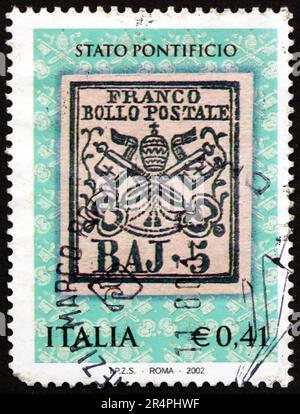 ITALIEN - CIRCA 2002: Ein in Italien gedruckter Stempel zeigt die Briefmarken der Römischen Staaten, 150. Jahre, circa 2002 Stockfoto