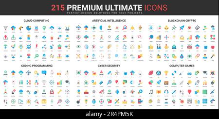 Cloud-Computing, KI-Technologie, flache Farbsymbole stellen Vektordarstellungen ein. Abstrakte Symbole für künstliche Intelligenz und Programmierung, Blockchain und Cybersicherheit einfaches Design für mobile und Web-Apps Stock Vektor