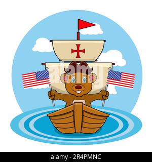 Happy Columbus Day America Mit Süßem Bären Und Schiff Im Meer, Cartoon, Maskottchen, Tieren, Charakter, Vektor und Illustration. Stock Vektor