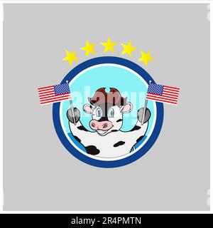 Happy Columbus Day America Mit Süßer Kuh Und Bringen Sie Flaggen, Circle Label, Cartoon, Maskottchen, Tiere, Charakter, Vektor und Illustration Stock Vektor