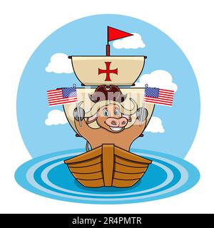 Happy Columbus Day America Mit Süßem Büffel Und Schiff Im Meer, Cartoon, Maskottchen, Tieren, Charakter, Vektor und Illustration. Stock Vektor