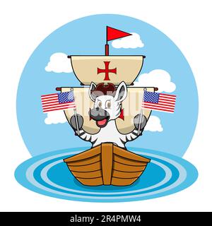 Happy Columbus Day America Mit Süßem Zebra Und Schiff Im Meer, Cartoon, Maskottchen, Tieren, Charakter, Vektor und Illustration. Stock Vektor