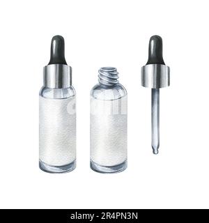 Glasflasche mit weißem Blindetikett und Pipette für Kosmetika, Öl, Serum. Aquarell, handgezeichnet. Isolierte Objekte auf weißem Hintergrund Stockfoto