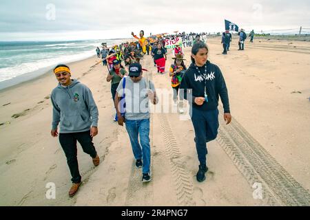 Sie tragen eine Figur einer einladenden Mutter, pro Einwanderungsdemonstratoren im Grenzfeld bei San Diego, marschieren zur US/Mexiko-Grenzmauer, um sie zu unterstützen Stockfoto