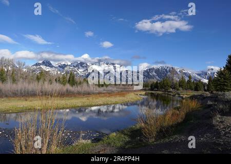 Teton-Berge aus der Sicht von Schwabacher Landing im Grand Teton-Nationalpark Stockfoto