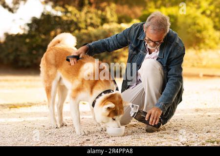 Der fröhliche europäische alte Mann geht gern mit dem Hund spazieren und gießt Wasser auf den Teller Stockfoto