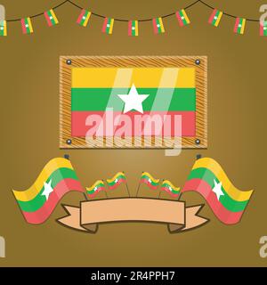 Myanmar Flags on Frame Wood, Label, Simple Gradient and Vector Illustration (Myanmar-Flaggen auf Rahmenholz, Etikett, einfacher Verlauf und Vektordarstellung) Stock Vektor