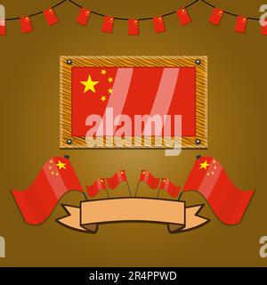 China Flags on Frame Wood, Label, Simple Gradient and Vector Illustration (China-Flaggen auf Rahmenholz, Etikett, einfacher Verlauf und Vektordarstellung) Stock Vektor