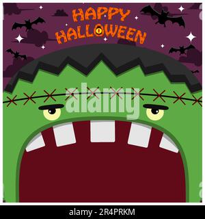 Halloween-Charakterdesign. Mit Frankenstein Character. Großes Gesicht und offener Mund. Auf Dem Friedhof. Vektor Und Illustration Stock Vektor