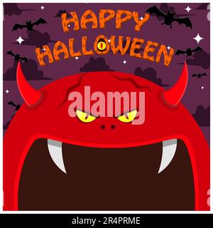 Halloween-Charakterdesign. Mit Devil Character. Großes Gesicht und offener Mund. Auf Dem Friedhof. Vektor Und Illustration Stock Vektor