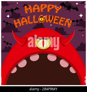 Halloween-Charakterdesign. Mit Einem-Augen-Monster-Figur. Großes Gesicht und offener Mund. Auf Dem Friedhof. Vektor Und Illustration Stock Vektor