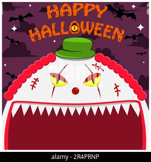 Halloween-Charakterdesign. Mit Dem Gruseligen Clown-Charakter. Großes Gesicht und offener Mund. Auf Dem Friedhof. Vektor Und Illustration Stock Vektor