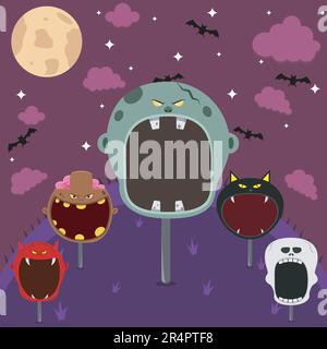 Head Monster in Feld und Nacht. Big Grey Zombie Head, Brown Zombie, Devil, Skeleton und Black Cat. Vektor Und Illustration. Stock Vektor