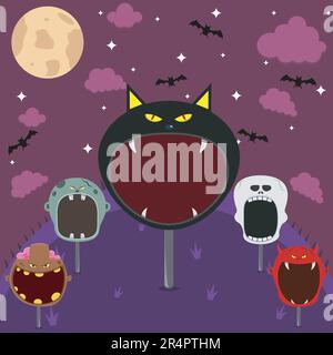 Head Monster in Feld und Nacht. Big Black Cat Head, Grey Zombie, Brown Zombie, Devil und Skeleton. Vektor Und Illustration. Stock Vektor