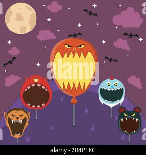 Head Monster in Feld und Nacht. Big Balloon Head, One Eye Monster, Wolf man and Mouse, Creepy Gnome .Vektor und Illustration. Stock Vektor