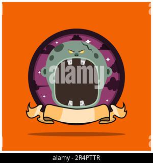 „Monsterkopf“-Label Im Vintage-Look Mit Grauem Zombie-Design. Vektor und Illustration Stock Vektor