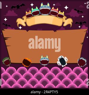 Halloween-Grußkarte Mit Masken-Monster. Leeres Wolf-Etikett. Bei Nacht und Blank Wood Mockup. Vektor Und Illustration. Stock Vektor