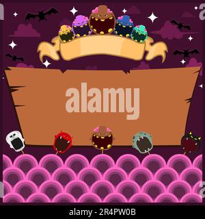 Halloween-Grußkarte Mit Masken-Monster. Unbeschriftetes Etikett mit braunem Zombie. Bei Nacht und Blank Wood Mockup. Vektor Und Illustration. Stock Vektor