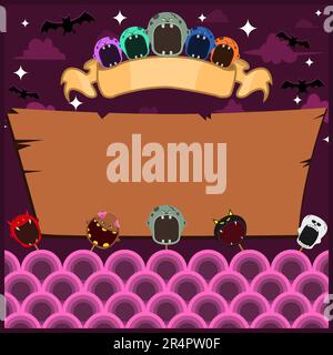 Halloween-Grußkarte Mit Masken-Monster. Unbeschriftetes graues Zombie-Etikett. Bei Nacht und Blank Wood Mockup. Vektor Und Illustration. Stock Vektor