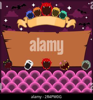 Halloween-Grußkarte Mit Masken-Monster. Unbeschriftetes Devil-Label. Bei Nacht und Blank Wood Mockup. Vektor Und Illustration. Stock Vektor