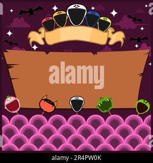 Halloween-Grußkarte Mit Masken-Monster. Leeres Scream-Label. Bei Nacht und Blank Wood Mockup. Vektor Und Illustration. Stock Vektor