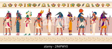 Set alter ägyptischer Götter und Göttinnen. Vektorfiguren der ägyptischen Mythologie, Mythos Statuen von Kairo. RA, Bastet, Maat, Thoth, Anubis und geb. mit religiösen Symbolen isoliert auf weißem Hintergrund. Stock Vektor