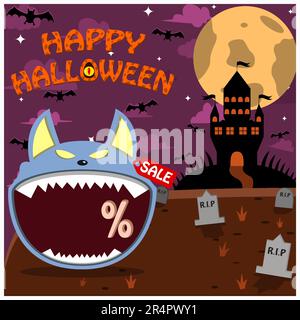 Halloween-Charakterkopf mit Wolfskopf auf Friedhof und Palast. Prozent, Verkauf und dunkler Hintergrund. Vektor und Illustration Stock Vektor