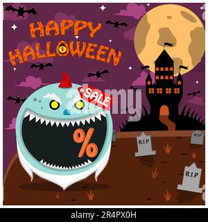Halloween-Charakterkopf mit gruseligem Gnome-Kopf auf Friedhof und Palast. Prozent, Verkauf und dunkler Hintergrund. Vektor und Illustration Stock Vektor