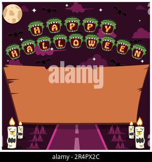 Einladung oder Grußkarte zu Halloween-Feiertagen mit Wörtern auf Frankenstein Head Charakter, leerer Holzplatz und Straße. Vektor und Illustration Stock Vektor