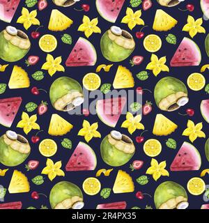 Nahtloses, endloses Muster. Wassermelone, Kokosnuss, Ananas, Karambola, Erdbeere. Handgezeichnete Aquarelldarstellung auf dunklem Hintergrund. Für Textilien, einpacken Stockfoto