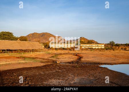 Ein Wasserloch, das die Tierwelt hinter einer Wildnis-Lodge anzieht. Kenia, Afrika. Stockfoto