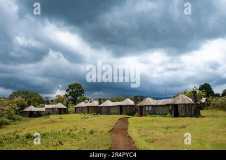 Gästehäuser im traditionellen abgerundeten Hüttenstil. Mount Kenya Nationalpark, Kenia, Afrika. Stockfoto