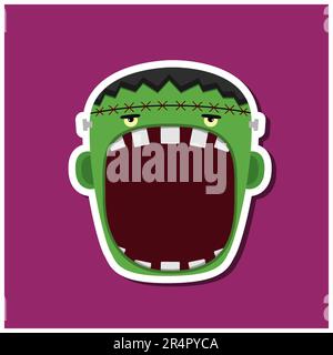 Monster-Aufkleber mit Halloween-Frankenstein. Violetter Hintergrund. Flaches Design. Halloween-Symbole. Vektor und Illustration. Stock Vektor
