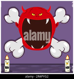 Halloween-Charakterdesign Mit Teufelskopf. Auf "Schädel und Kerzen". Vektor und Illustration Stock Vektor