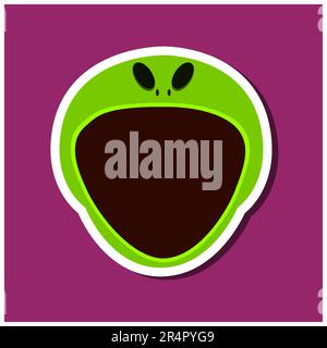 Monster-Aufkleber mit Halloween-Alien. Violetter Hintergrund. Flaches Design. Halloween-Symbole. Vektor und Illustration. Stock Vektor
