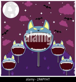 Halloween-Design Mit Charakterkopf. Wolf Character im Feld und in der Nacht. Vektor Und Illustration Stock Vektor