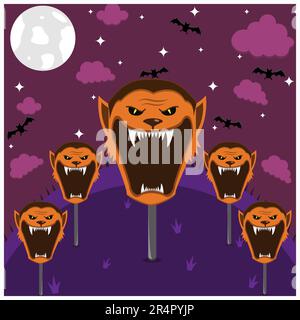 Halloween Character Head Design. Wolf man Character im Feld und bei Nacht. Vektor Und Illustration Stock Vektor