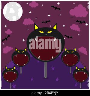 Halloween-Design Mit Charakterkopf. Black Cat Character im Feld und bei Nacht. Vektor Und Illustration Stock Vektor