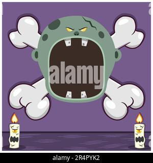 Halloween-Design Mit Grauem Zombie-Kopf. Auf "Schädel und Kerzen". Vektor und Illustration Stock Vektor