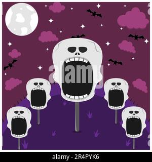 Halloween-Design Mit Charakterkopf. Skelettfigur im Feld und in der Nacht. Vektor Und Illustration Stock Vektor